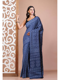 Unnati Silks - Navy Blue Pure Hand Block Printed Soft Cotton Saree with Unstitched Blouse