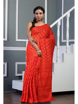 Unnati Silks - Red Pure Hand Block Printed Soft Cotton Saree with Unstitched Blouse