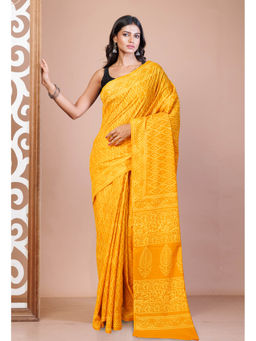Unnati Silks - Yellow Pure Hand Block Printed Soft Cotton Saree with Unstitched Blouse