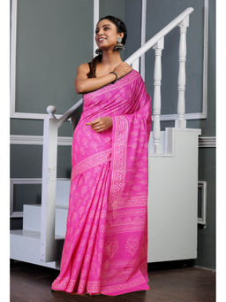 Unnati Silks - Pink Pure Hand Block Printed Soft Cotton Saree with Unstitched Blouse