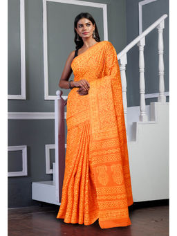 Unnati Silks - Orange Pure Hand Block Printed Soft Cotton Saree with Unstitched Blouse