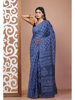 Unnati Silks - Navy Blue Pure Hand Block Printed Soft Cotton Saree with Unstitched Blouse