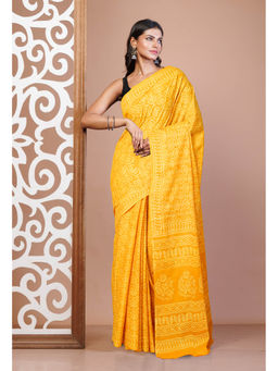 Unnati Silks - Yellow Pure Hand Block Printed Soft Cotton Saree with Unstitched Blouse