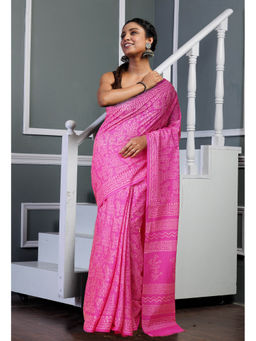 Unnati Silks - Pink Pure Hand Block Printed Soft Cotton Saree with Unstitched Blouse