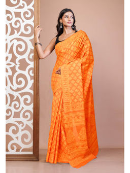 Unnati Silks - Orange Pure Hand Block Printed Soft Cotton Saree with Unstitched Blouse