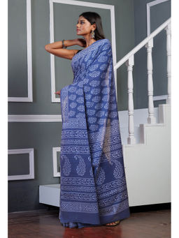 Unnati Silks - Navy Blue Pure Hand Block Printed Soft Cotton Saree with Unstitched Blouse