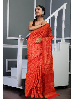 Unnati Silks - Red Pure Hand Block Printed Soft Cotton Saree with Unstitched Blouse