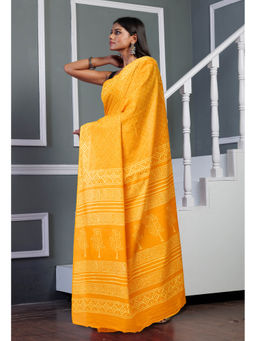 Unnati Silks - Yellow Pure Hand Block Printed Soft Cotton Saree with Unstitched Blouse