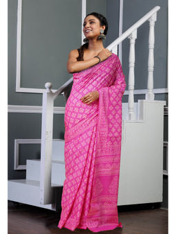 Unnati Silks - Pink Pure Hand Block Printed Soft Cotton Saree with Unstitched Blouse
