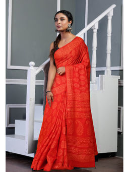 Unnati Silks - Red Pure Hand Block Printed Soft Cotton Saree with Unstitched Blouse