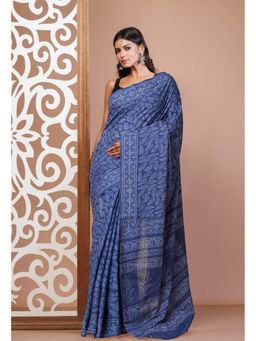 Unnati Silks - Navy Blue Pure Hand Block Printed Soft Cotton Saree with Unstitched Blouse