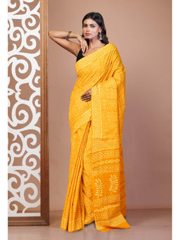 Unnati Silks - Yellow Pure Hand Block Printed Soft Cotton Saree with Unstitched Blouse