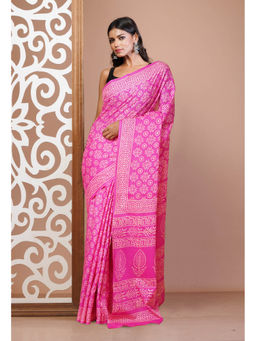 Unnati Silks - Pink Pure Hand Block Printed Soft Cotton Saree with Unstitched Blouse