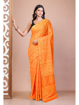 Unnati Silks - Orange Pure Hand Block Printed Soft Cotton Saree with Unstitched Blouse