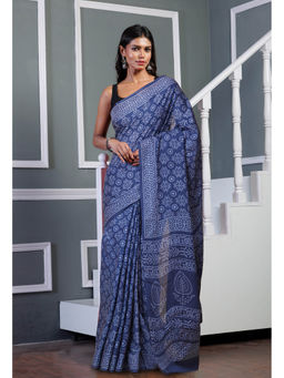 Unnati Silks - Navy Blue Pure Hand Block Printed Soft Cotton Saree with Unstitched Blouse