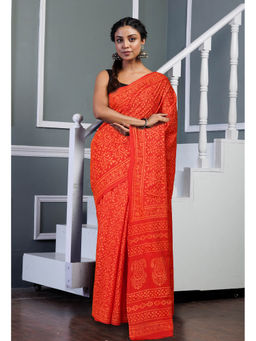 Unnati Silks - Red Pure Hand Block Printed Soft Cotton Saree with Unstitched Blouse