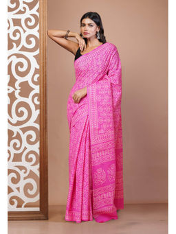 Unnati Silks - Pink Pure Hand Block Printed Soft Cotton Saree with Unstitched Blouse
