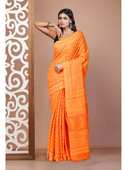 Unnati Silks - Orange Pure Hand Block Printed Soft Cotton Saree with Unstitched Blouse
