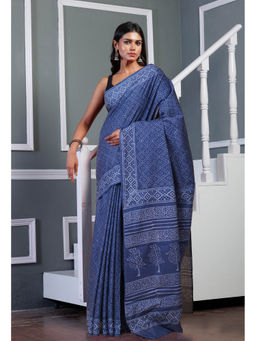 Unnati Silks - Navy Blue Pure Hand Block Printed Soft Cotton Saree with Unstitched Blouse