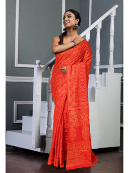 Unnati Silks - Red Pure Hand Block Printed Soft Cotton Saree with Unstitched Blouse