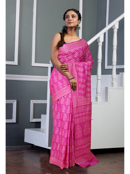 Unnati Silks - Pink Pure Hand Block Printed Soft Cotton Saree with Unstitched Blouse