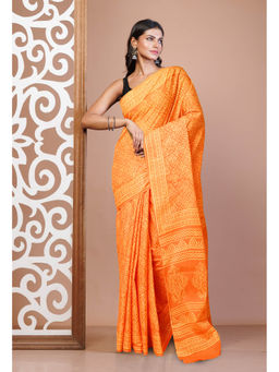 Unnati Silks - Orange Pure Hand Block Printed Soft Cotton Saree with Unstitched Blouse