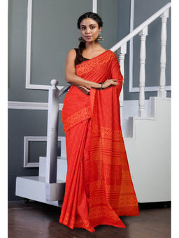 Unnati Silks - Red Pure Hand Block Printed Soft Cotton Saree with Unstitched Blouse