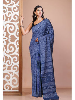 Unnati Silks - Navy Blue Pure Hand Block Printed Soft Cotton Saree with Unstitched Blouse