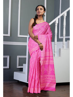 Unnati Silks - Pink Pure Hand Block Printed Soft Cotton Saree with Unstitched Blouse
