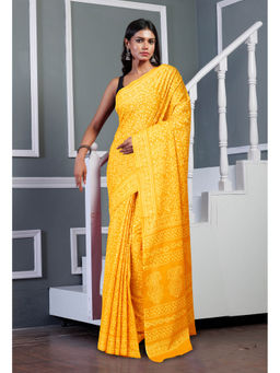 Unnati Silks - Yellow Pure Hand Block Printed Soft Cotton Saree with Unstitched Blouse