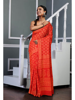 Unnati Silks - Red Pure Hand Block Printed Soft Cotton Saree with Unstitched Blouse