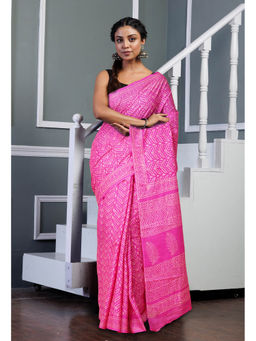 Unnati Silks - Pink Pure Hand Block Printed Soft Cotton Saree with Unstitched Blouse