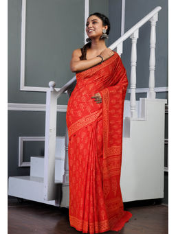 Unnati Silks - Red Pure Hand Block Printed Soft Cotton Saree with Unstitched Blouse