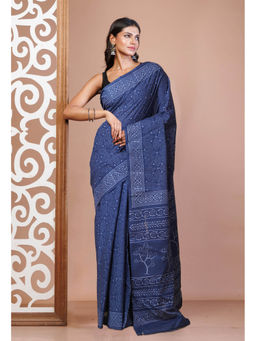 Unnati Silks - Navy Blue Pure Hand Block Printed Soft Cotton Saree with Unstitched Blouse
