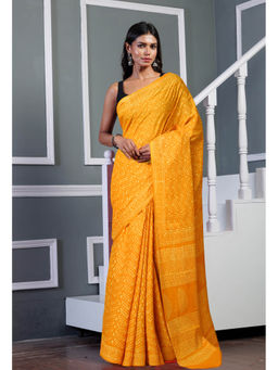 Unnati Silks - Yellow Pure Hand Block Printed Soft Cotton Saree with Unstitched Blouse