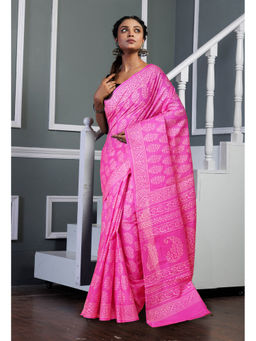 Unnati Silks - Pink Pure Hand Block Printed Soft Cotton Saree with Unstitched Blouse