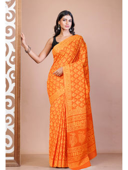 Unnati Silks - Orange Pure Hand Block Printed Soft Cotton Saree with Unstitched Blouse