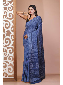 Unnati Silks - Navy Blue Pure Hand Block Printed Soft Cotton Saree with Unstitched Blouse