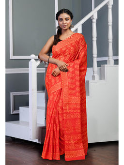 Unnati Silks - Red Pure Hand Block Printed Soft Cotton Saree with Unstitched Blouse
