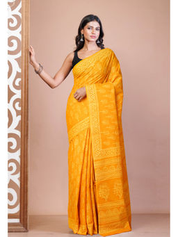 Unnati Silks - Yellow Pure Hand Block Printed Soft Cotton Saree with Unstitched Blouse