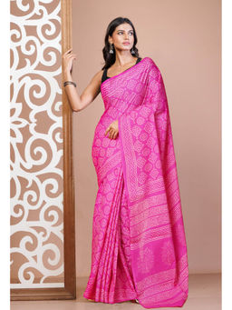 Unnati Silks - Pink Pure Hand Block Printed Soft Cotton Saree with Unstitched Blouse