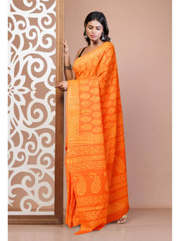 Unnati Silks - Orange Pure Hand Block Printed Soft Cotton Saree with Unstitched Blouse