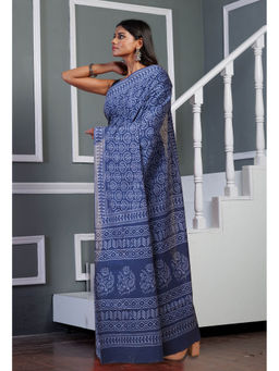 Unnati Silks - Navy Blue Pure Hand Block Printed Soft Cotton Saree with Unstitched Blouse
