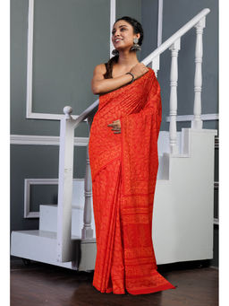 Unnati Silks - Red Pure Hand Block Printed Soft Cotton Saree with Unstitched Blouse
