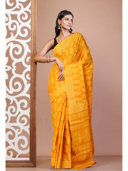 Unnati Silks - Mustard Pure Hand Block Printed Soft Cotton Saree with Unstitched Blouse