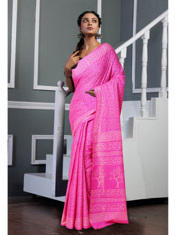 Unnati Silks - Pink Pure Hand Block Printed Soft Cotton Saree with Unstitched Blouse