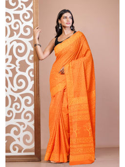 Unnati Silks - Orange Pure Hand Block Printed Soft Cotton Saree with Unstitched Blouse