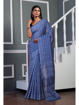Unnati Silks - Navy Blue Pure Hand Block Printed Soft Cotton Saree with Unstitched Blouse