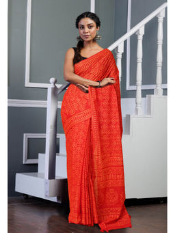 Unnati Silks - Red Pure Hand Block Printed Soft Cotton Saree with Unstitched Blouse