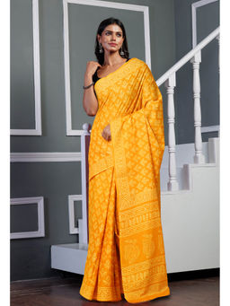 Unnati Silks - Mustard Pure Hand Block Printed Soft Cotton Saree with Unstitched Blouse